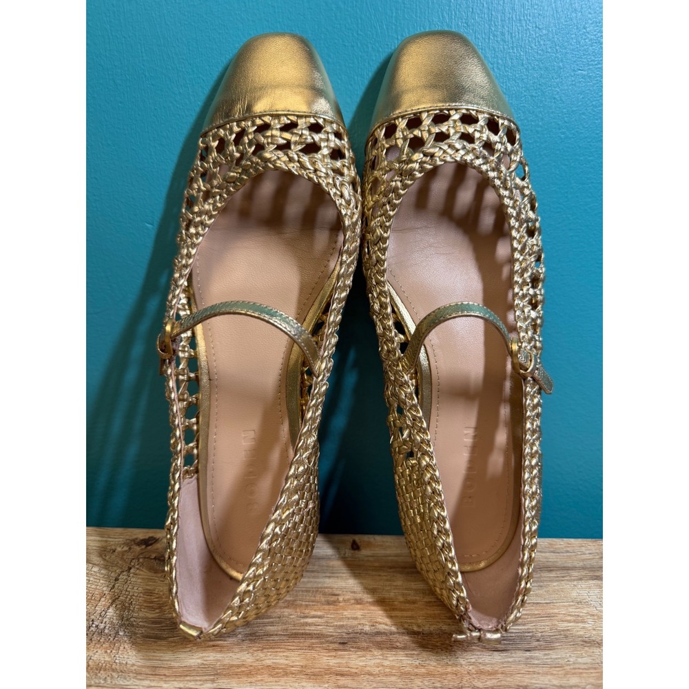 Boden Mary Jane Flats Womens 40 Gold Woven Metallic Leather Cap Toe 9-9.5 READ - Picture 2 of 8